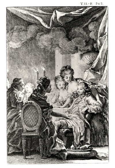 Cena de &39;L&39;Ingenu&39; por Voltaire (1694-1778) (gravura) (foto bw) de Charles Monnet