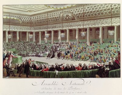 A Assembléia Nacional Renuncia a todos os Privilégios, 4 de agosto de 1789, gravada por Helman (1743-1809) (gravura colorida) (ver 104584) de Charles Monnet