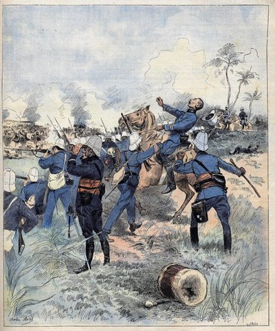 O Comandante Faurax morreu na batalha de Dogba em 19 de Setembro de 1892 em Dahomey (agora Benin) após a aquerelle de Morel de 1892. de Charles Morel