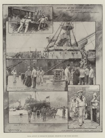 Atividade naval em Portsmouth Dockyard, partida do esquadrão voador (litografia) de Charles Murray (after) Padday