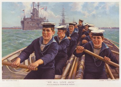 Marinheiros do HMS Triumph a remar num porto (litografia a cores) de Charles Murray (after) Padday