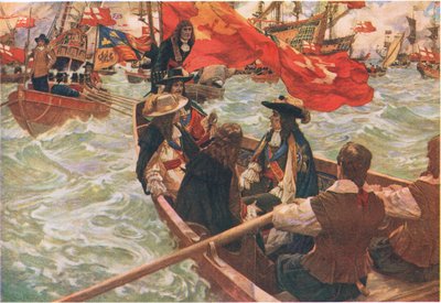 Regresso a casa de Carlos II, de Cassells History of the British People, publicado pela Waverley Book Company Limited, c.1940 (litografia a cores) de Charles Murray Padday