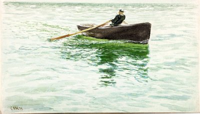 Homem, remar, um, bote, (bodycolour, e, aquarela, ligado, paper) de Charles Napier Hemy