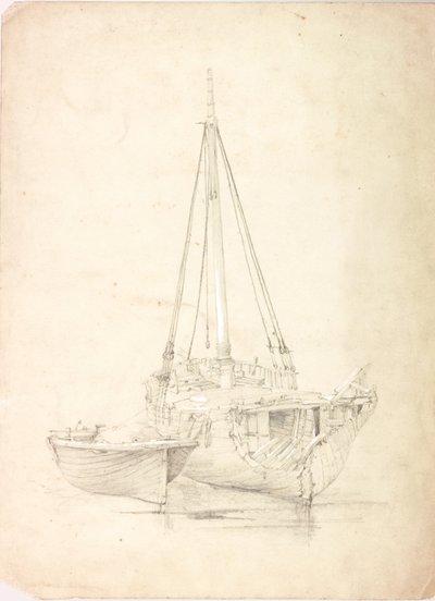 Velho barco de pesca e bote (bodycolour e lápis sobre papel) de Charles Napier Hemy
