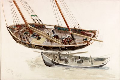 Dois estudos de uma traineira (bc, lápis e wc no papel) de Charles Napier Hemy