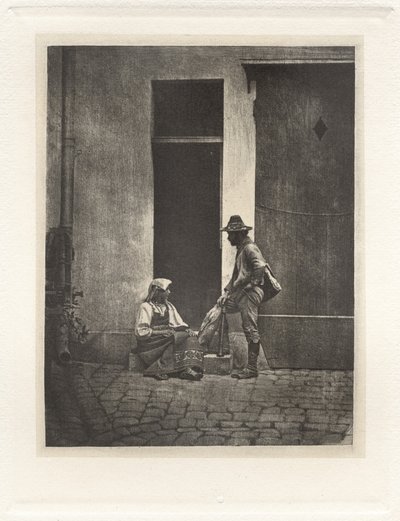Planche IV - Pifferaro Debout et Paysanne Italienne Assise, dans la Cour du 21 Quai Bourbon (Placa IV - Pifferaro de pé e camponês italiano sentado, na Corte do 21 Quai Bourbon),1854, impresso em 1982 (foto) de Charles Nègre