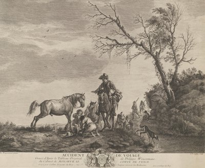 Um acidente durante a viagem, um homem ajoelhado consertando uma sela quebrada, um cavalo mijando em ..., 1740-50. de Charles Nicolas Cochin