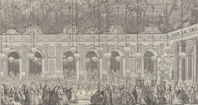 Decoração para um Baile de Máscaras em Versalhes, por Ocasião de t..., c. Reimpressão de 1860 da placa de 1764. de Charles Nicolas Cochin