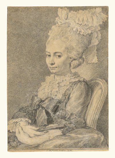 Retrato de uma jovem mulher segurando um leque de Charles Nicolas Cochin II