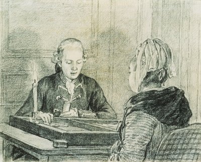 Um casal sentado, a senhora vista por trás, jogando gamão à luz de velas de Charles Nicolas II Cochin