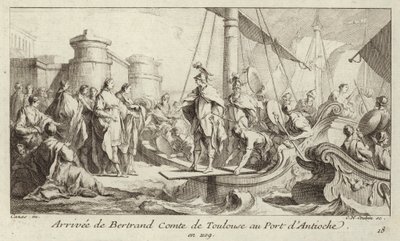 Chegada de Bertrand, Conde de Toulouse, ao porto de Antioquia, para retomar o seu domínio do Condado de Trípoli. de Charles Nicolas II Cochin