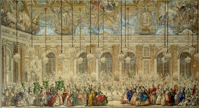 Máscara ou bola dos Ifs dá para o casamento de Louis Dauphin da França (1729-1765) com Marie Therese (Marie-Therese) da Espanha na Galeria Glace em Versalhes em fevereiro de 1745 Desenho com caneta e tinta de Charles Nicolas Cochin le Jeune (1715-1790) de Charles Nicolas II Cochin