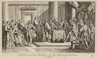 Criação da Academie des Jeux Floraux, a mais antiga sociedade literária do mundo ocidental, Toulouse, França. de Charles Nicolas II Cochin