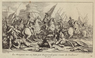 O exército húngaro posto a voar por Raymond Pons, Conde de Toulouse, 924 (gravura) de Charles Nicolas II Cochin