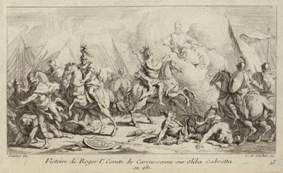 Vitória de Roger I, Conde de Carcassonne, sobre Oliba Cabreta, 981 (gravura) de Charles Nicolas II Cochin