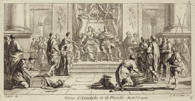 Casamento de Galla Placidia e Ataulf, Rei dos Visigodos, Narbonne, 414 (gravura) de Charles Nicolas II Cochin