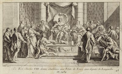 a Charles VIII da França dando uma audiência para os deputados do Languedoc no Estates General in Tours de Charles Nicolas II Cochin