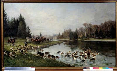Caçar uma corrida: "O hallali do veado no lago de Sulvie, caça ao Duque de Aumale" Pintura de Charles Olivier de Penne (1831-1897) 1880 Sol. 0,77x1,33 m Chantilly, musee Conde - Caça aos cães de caça: Halloos do veado na lagoa de Sulvie, caça de de Charles Oliver de Penne