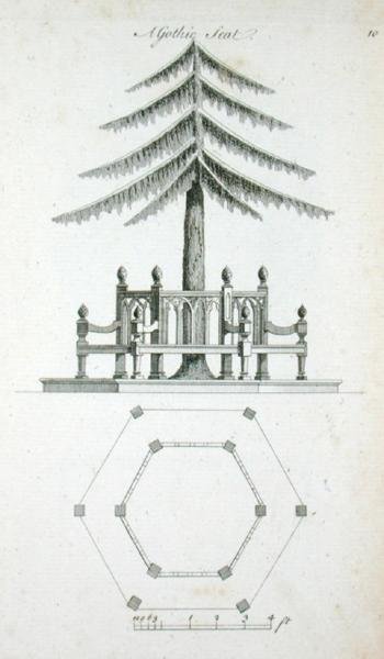 Um assento gótico, de "Arquitetura Ornamental no Gótico, Chinês e Gosto Moderno", publicado em 1758 (gravura) de Charles Over