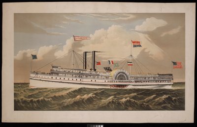 Navio a vapor americano City of Worcester Norwich Line com destino a Boston via New London e Norwich (litografia, a cores) de Charles Parsons