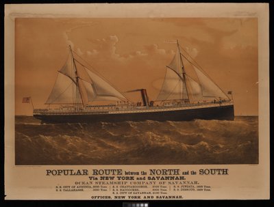Rota popular entre o Norte e o Sul via Nova Iorque e Savannah, Ocean Steamship Company of Savannah... Cidade de Augusta... (litografia, colorida) de Charles Parsons