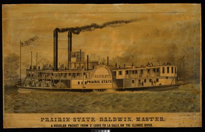 Estado da Pradaria. Baldwin, Mestre. Um comboio regular de St Louis a La Salle, no rio Illinois (litografia, a cores) de Charles Parsons