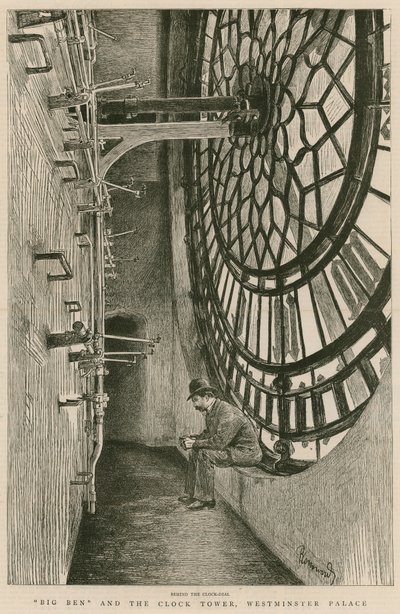Atrás do mostrador de relógio, o Big Ben e a Torre do Relógio, o Palácio de Westminster de Charles Paul Renouard