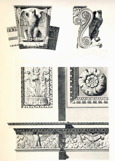 Decoração com águias, rosetas e folhas de acanto para o Arco do Triunfo do Carrossel, de Charles Percier (1764-1838) e Pierre Francois Leonard Fontaine (1762-1853), gravura de Louis Pierre Baltard (1764-1846), detalhe, França de Charles Percier