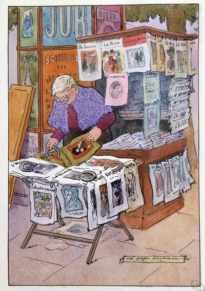 Pequenos Metiers de Paris: o quiosque tem jornais. Desenho de Charles Pezeu dit Carlopez (século XX) de Charles Pezeu Carlopez