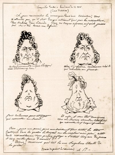 Croquades feitos na audiência de 14 de Novembro - desenho animado Louis Philippe em pêra por Charles Philipon (1800-1862) - 1832 - (Louis-Philippe transformando-se gradualmente em pêra) de Charles Philipon