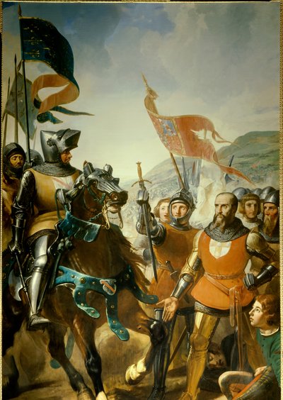 Guerra dos Cem Anos (1337-1453): detalhe da "Batalha de Cocherel, perto de Evreux, ganha por Bernard du Guesclin (1320-1380) sobre as tropas do rei de Navarra, o 16/05/1364" Pintura de Charles Philippe Lariviere (1798-1876) por volta de 1837 Sol. 4,2x2,6 m de Charles Philippe Lariviere