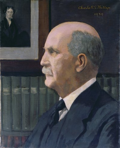 William Henry Bragg (1862-1942) com uma foto de Michael Faraday (1791-1867) ao fundo, 1939 de Charles Phillips