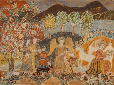 Anjos em uma paisagem (mídia mista no painel) de Charles Prendergast
