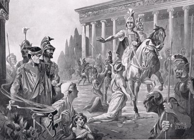 Alexandre no saque de Tebas em 335 a.C., ilustração da "História das Nações de Hutchinson de Charles Rebel Stanton
