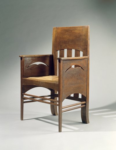 Poltrona, projetada em 1897 (carvalho com assento de pressa) de Charles Rennie Mackintosh