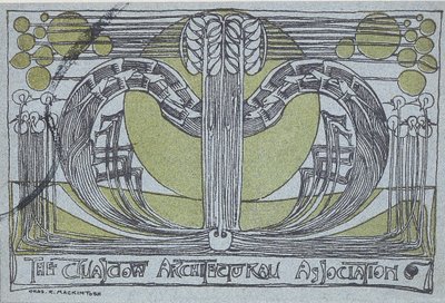 Programa Conversazione para a Associação Arquitetônica de Glasgow, 1894 (linogravura impressa em preto e verde em papel azul claro) de Charles Rennie Mackintosh