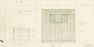 Design para guarda-roupa, mostrado em alçado frontal e interior, c.1899-1900 (lápis, aquarela) de Charles Rennie Mackintosh