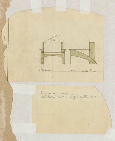 Projeto para uma poltrona de carvalho, mostrada em alçados frontal e lateral, 1905 de Charles Rennie Mackintosh