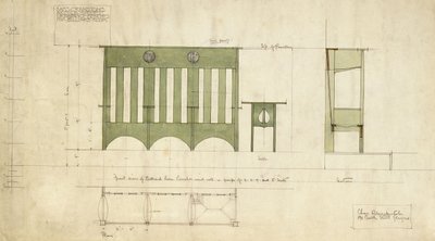 Projeto para bancadas e mesa, mostrado em plano de elevação e corte de Charles Rennie Mackintosh