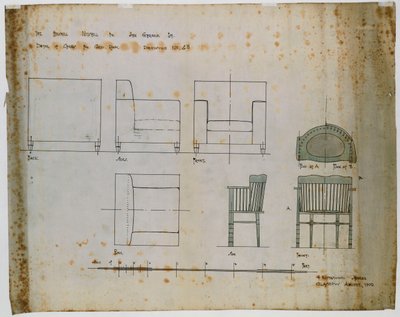 Projetos para uma cadeira estofada e uma cadeira de eixo mostrados em elevação e planos de Charles Rennie Mackintosh