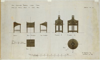 Projetos para escrivaninhas mostrados em alçados frontais e laterais, para as salas de chá da Ingram Street, 1909 de Charles Rennie Mackintosh