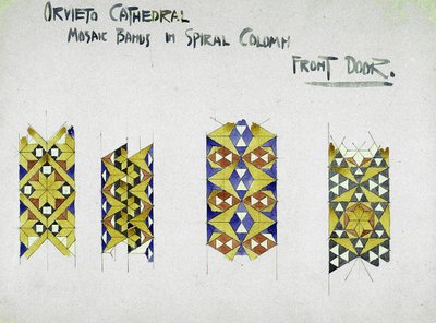 Orvieto, catedral, mosaico, bandas, em, espiral, coluna, porta dianteira, 1891, (pencil, e, aquarela, ligado, paper) de Charles Rennie Mackintosh