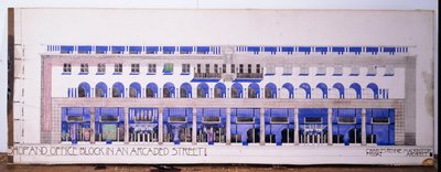 Desenhos arquitetônicos não registrados anteriormente para uma loja e uma rua com arcadas, por volta de 1915 de Charles Rennie Mackintosh