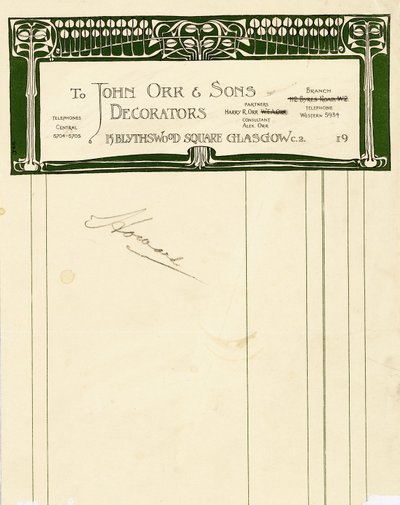 Design de papelaria para John Orr & Sons, Glasgow, c.1894-1898 (papel impresso) de Charles Rennie Mackintosh