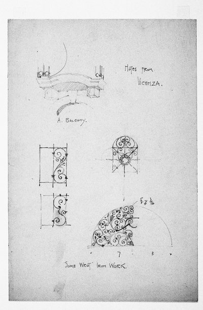Vicenza, à esquerda A Balcony, e abaixo, Some Wrot [sic] Iron Work, 1891 de Charles Rennie Mackintosh