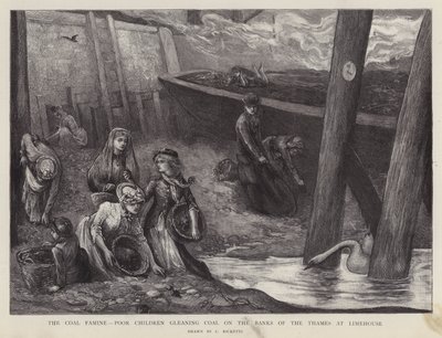 Crianças pobres a colherem pedaços de carvão das margens do Tamisa, em Limehouse, Londres (litho) de Charles Ricketts