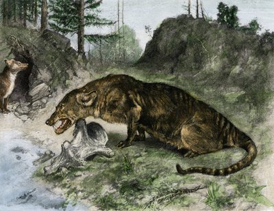 Pré-história: um mesonyx nas margens do lago Uintah, no Utah e Wyoming (EUA) (gravura) de Charles Robert Knight