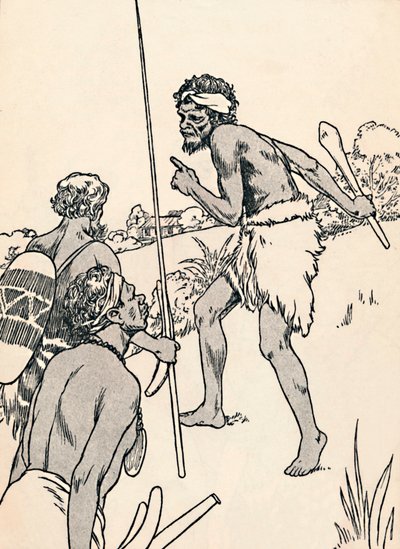Homens aborígines se aproximando de uma fazenda de colonos, 1912 de Charles Robinson