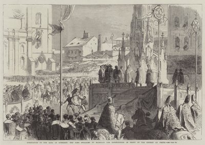 Coroação do rei da Hungria, o rei jurando manter a Constituição na frente da igreja em Pesth de Sir John Charles Robinson