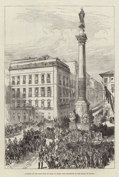 Funeral do falecido rei da Itália em Roma, a procissão na Piazza di Spagna de Sir John Charles Robinson